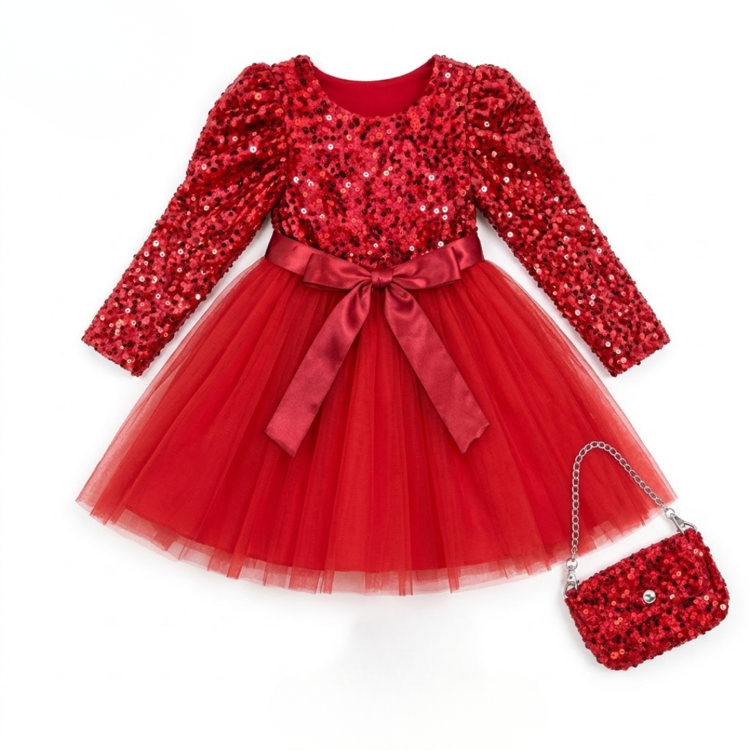 Red party dress for girls on a white background, featuring a sequined long-sleeve bodice, a red satin bow waistband, and a flared tulle skirt, alongside a matching red sequin shoulder handbag with a chain strap.