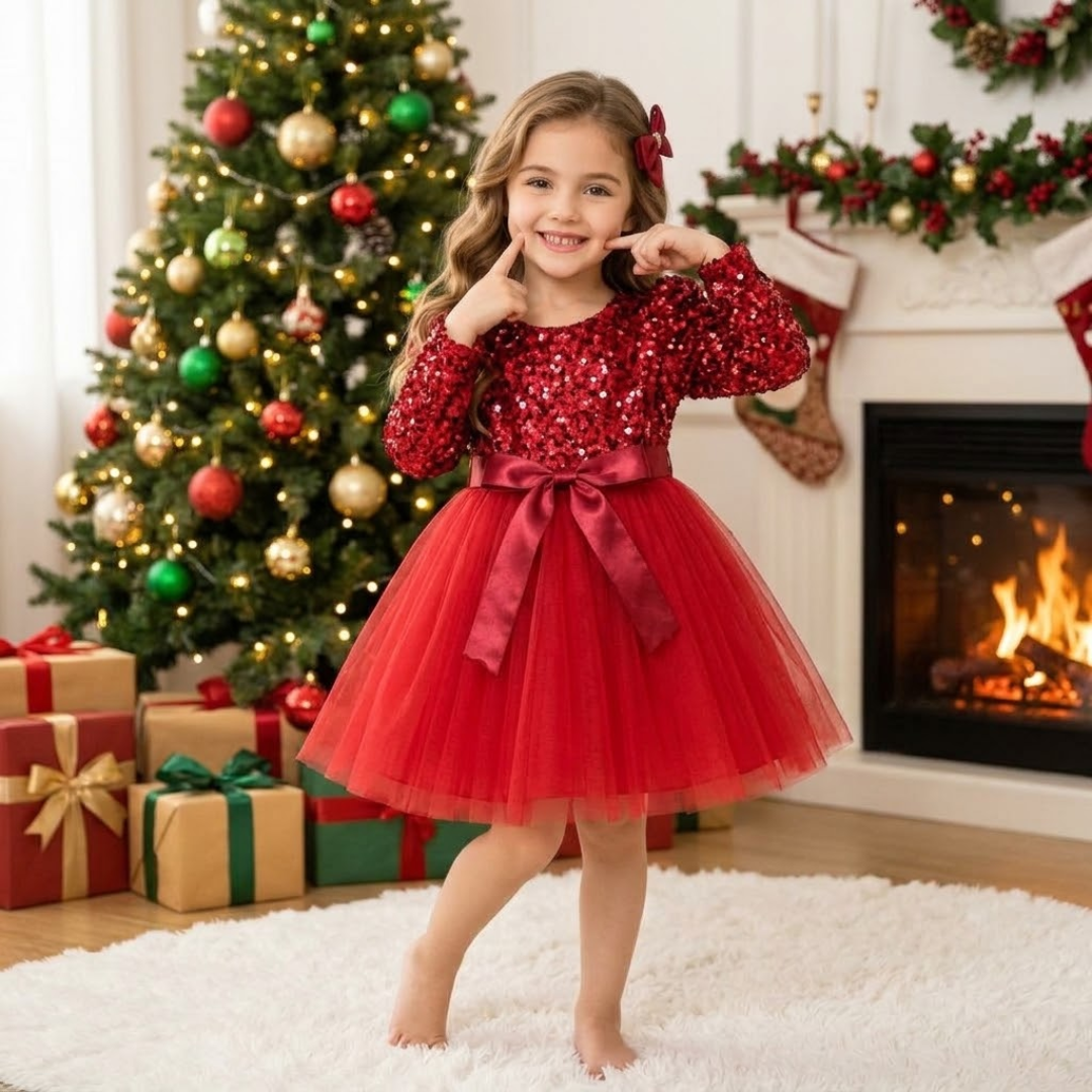 Smiling young girl pointing to her cheeks while posing in a red festive dress with a long-sleeve sequined bodice, satin bow waist, and tulle skirt, in front of a Christmas tree and fireplace.