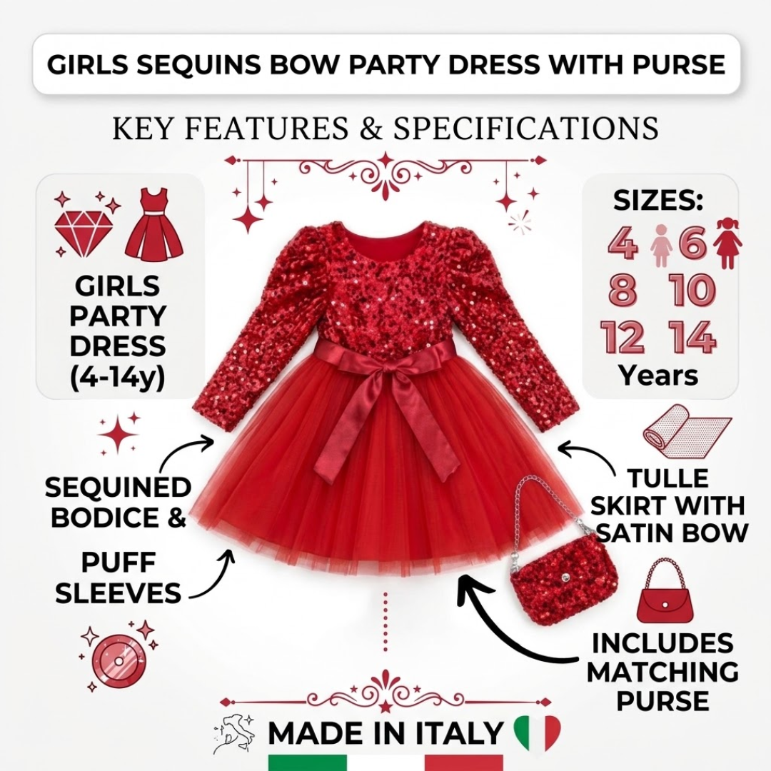 Infographic product sheet for a girls' sequin bow party dress with a matching purse, highlighting features such as a sequined bodice, puff sleeves, tulle skirt with satin bow, sizing for 4–14 years, and Made in Italy.