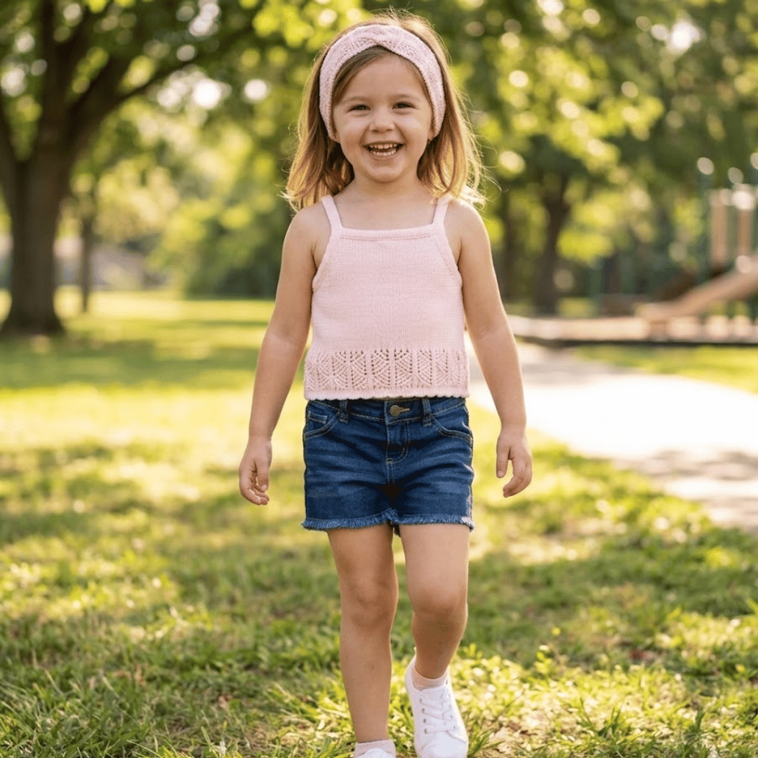 Young girl in a pink top and blue shorts standing in a park.