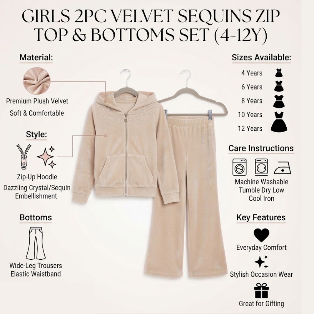 A girls' two-piece velvet sequin zip top and bottoms set in a light beige/cream color, displayed on hangers against a light beige background with informational text and icons detailing material, style, sizes, care instructions, and key features.