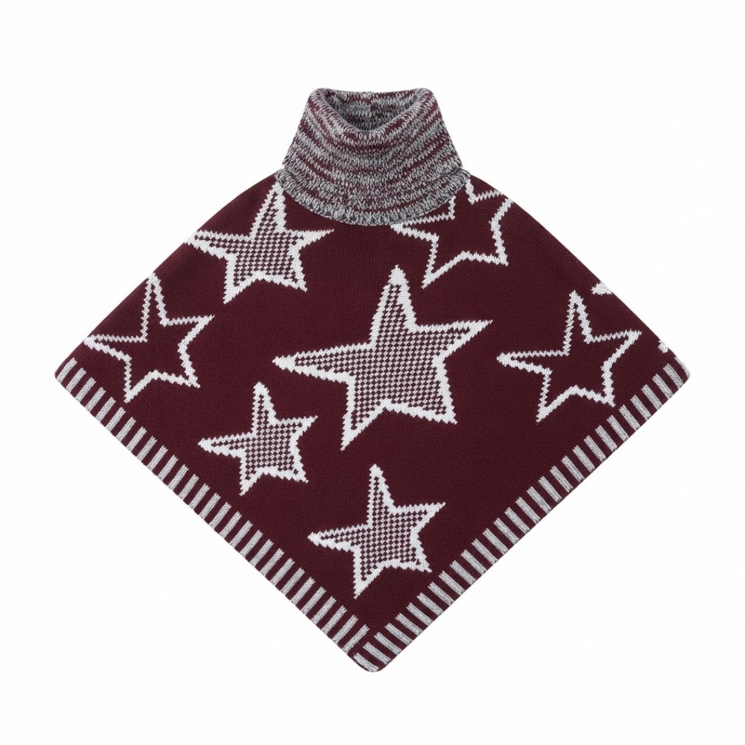 Cozy winter knitwear poncho with a bold star pattern and comfortable high neckline designed for chilly weather.