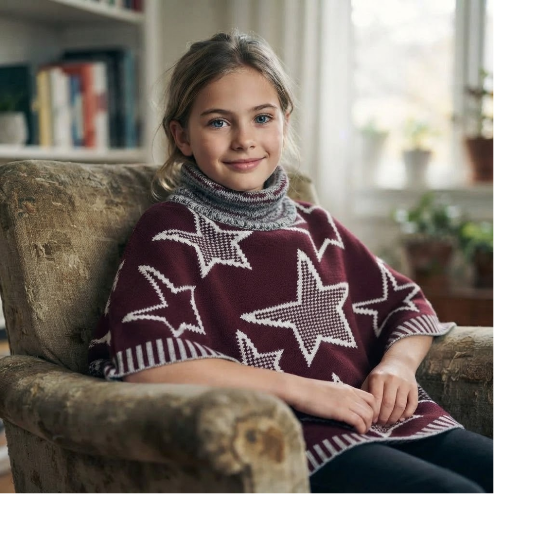 A smiling young girl sitting comfortably in an armchair indoors, wearing a cozy maroon knitted turtleneck poncho featuring a white star pattern and striped ribbed trim