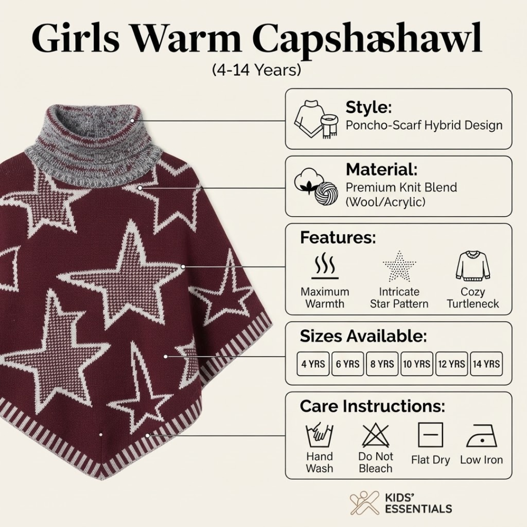 Product detail guide highlighting a wool-acrylic blend material, turtleneck design, maximum warmth features, sizing options, and washing care guidelines.