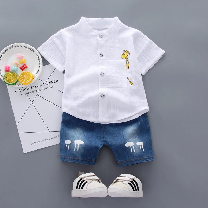 Toddler Boy Cartoon Shirt & Denim Shorts Summer Set