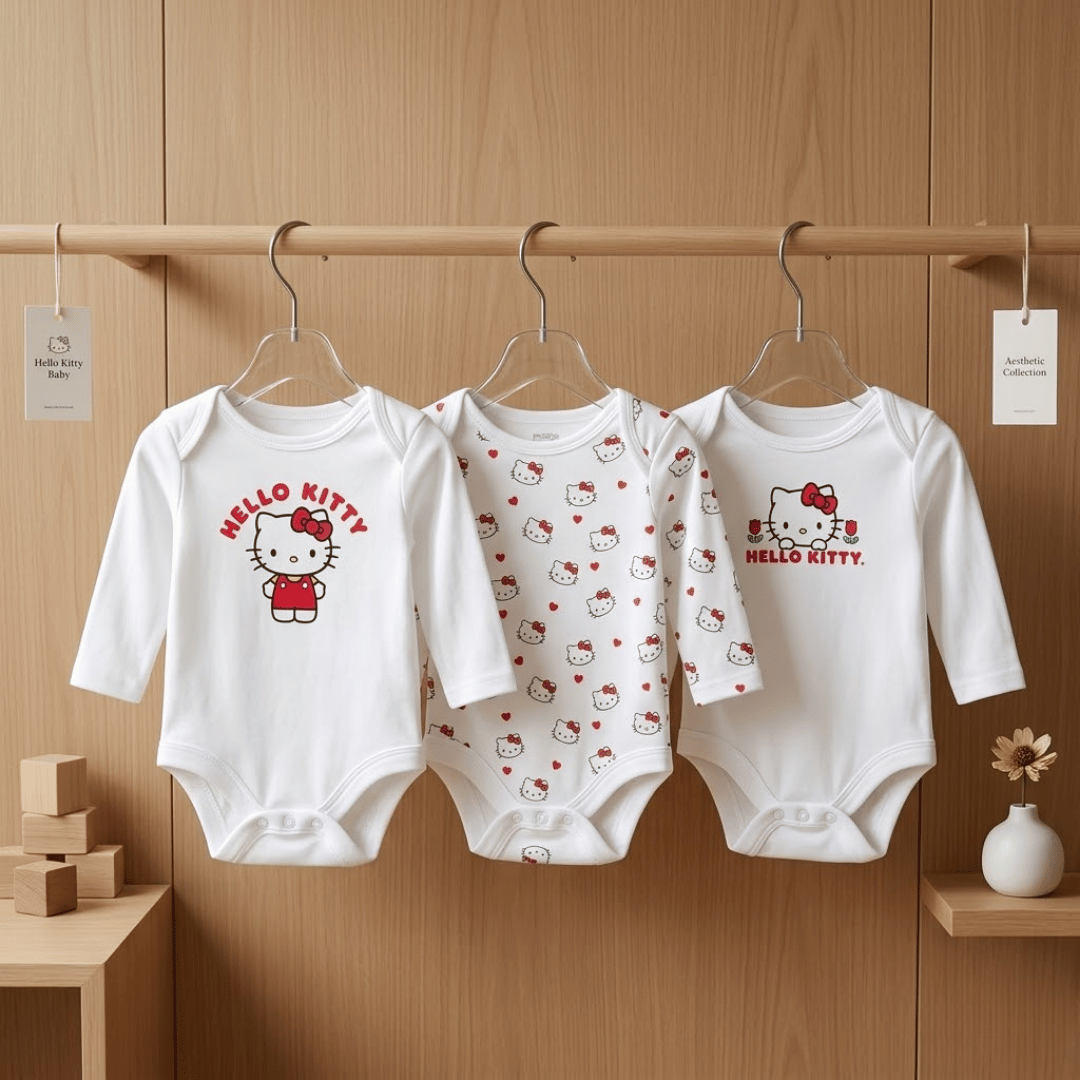 Three baby bodysuits with Hello Kitty designs hanging on a rack against a wooden wall.