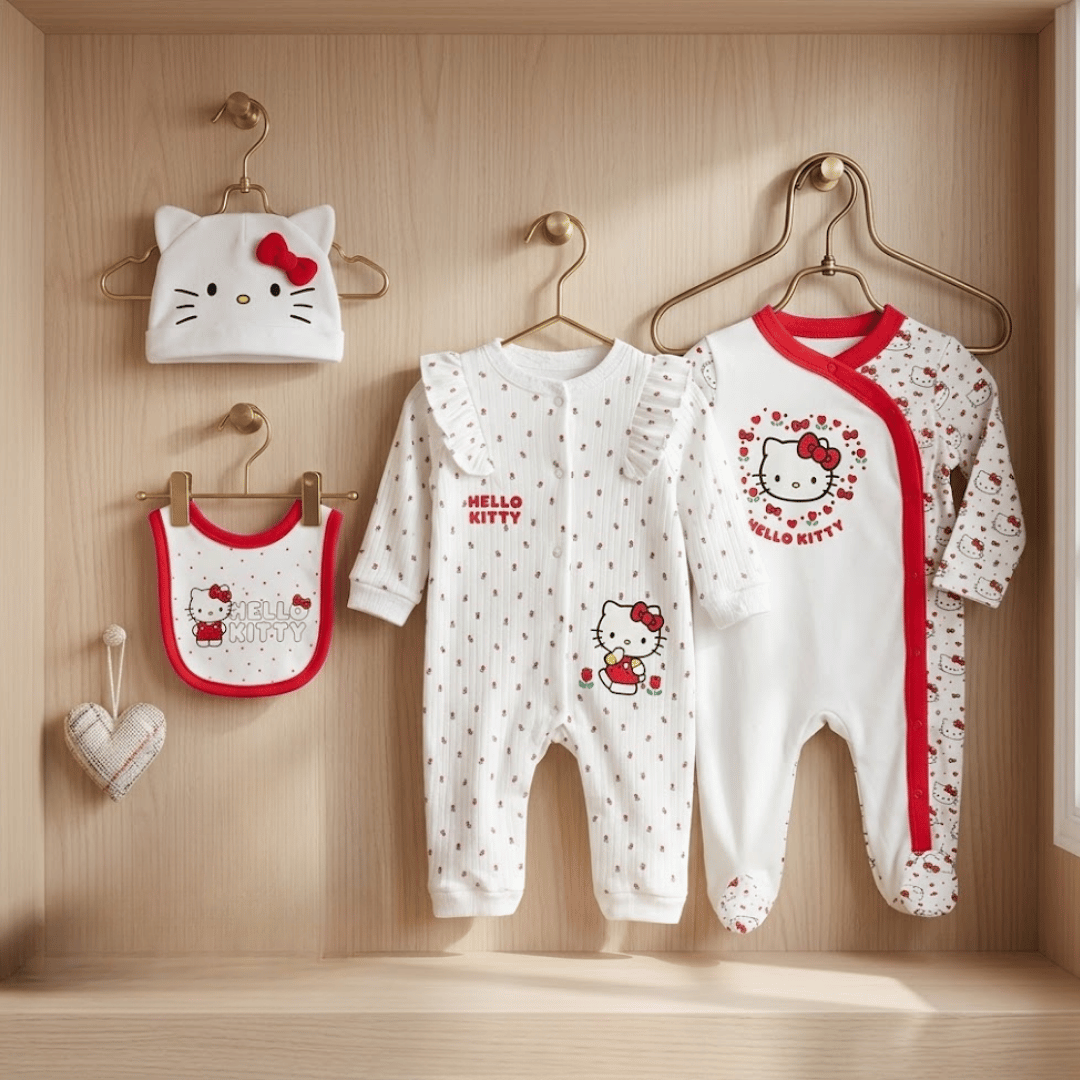 Hello Kitty baby clothing set including onesies, bibs, and a hat on wooden hooks.