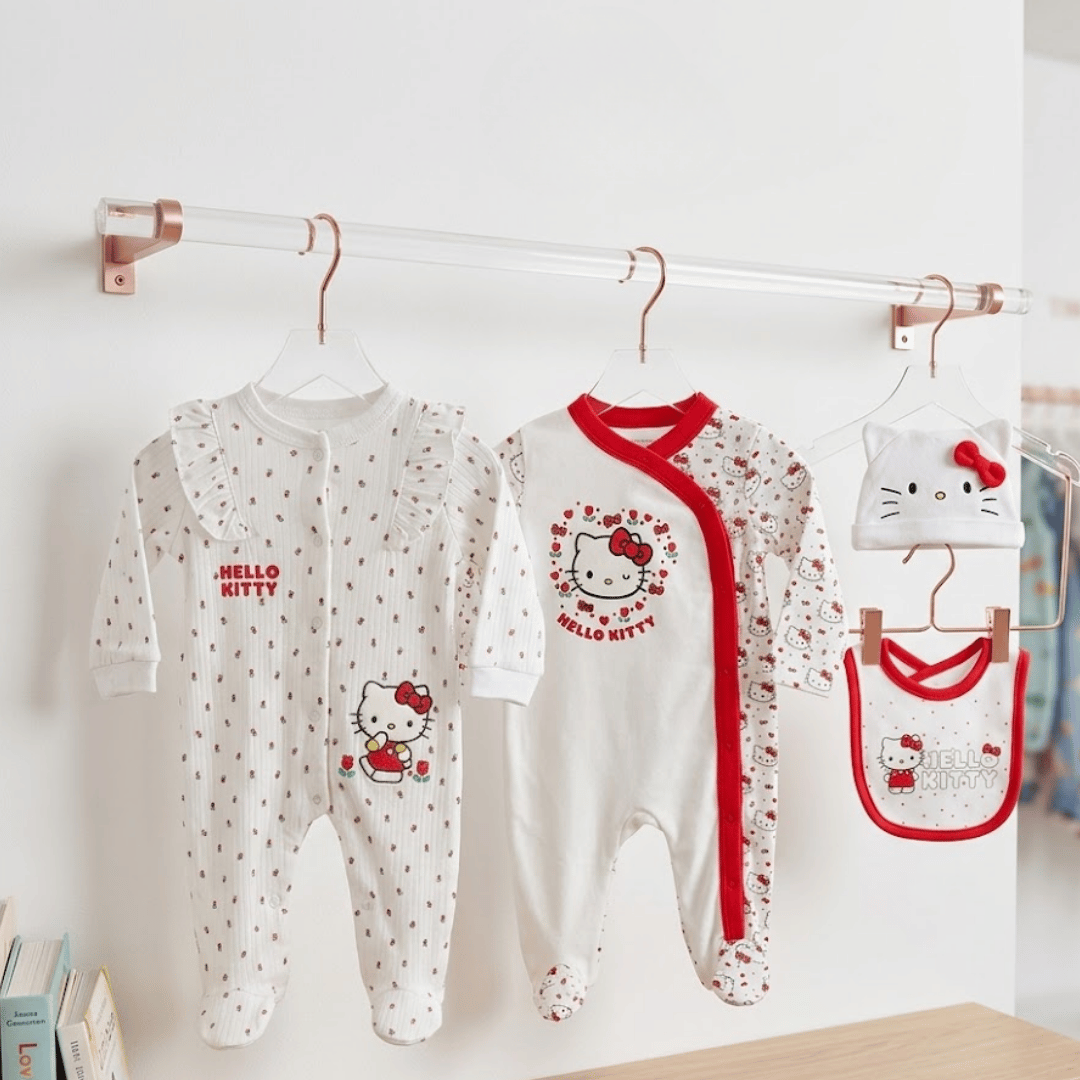 Hello Kitty baby clothing set on hangers against a white wall
