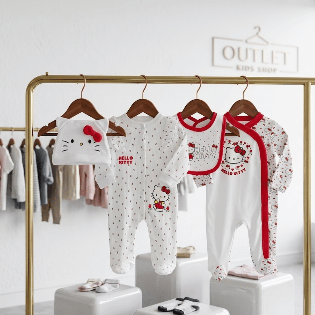Hello Kitty baby rompers and hat hanging on a rack with 'Outlet Kids' sign in the background.