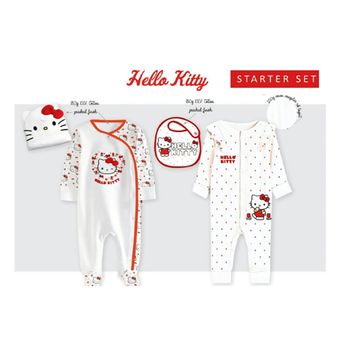 Hello Kitty baby starter set with two onesies, a hat, and a bib on a white background.