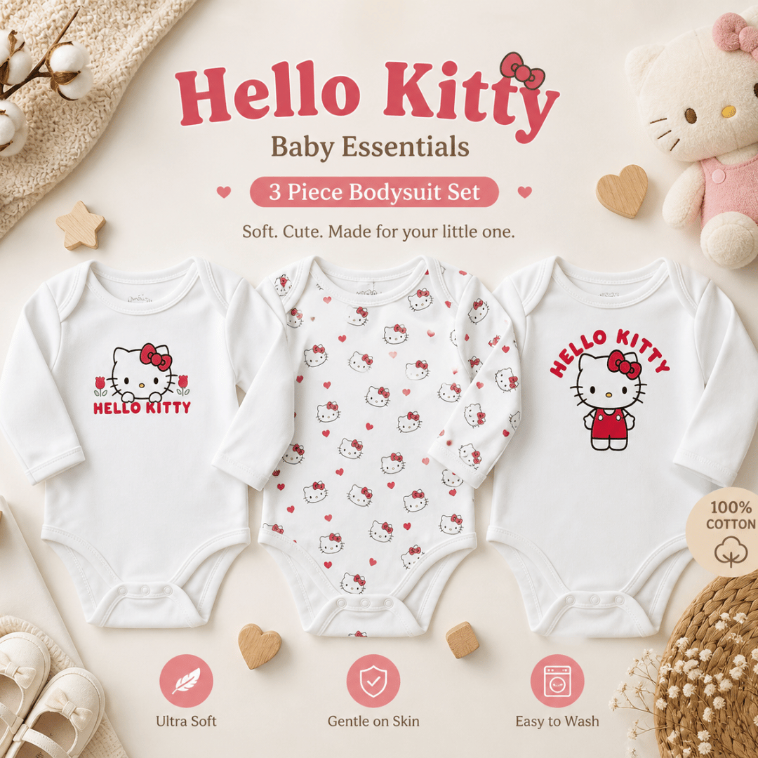 Three-piece baby bodysuit set with Hello Kitty design on a neutral background
