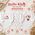 Three-piece baby bodysuit set with Hello Kitty design on a neutral background