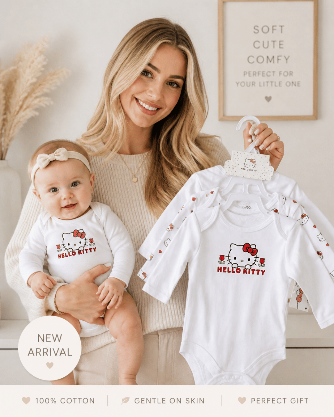 Woman holding a baby and a hanger with Hello Kitty-themed baby clothes in a cozy room.