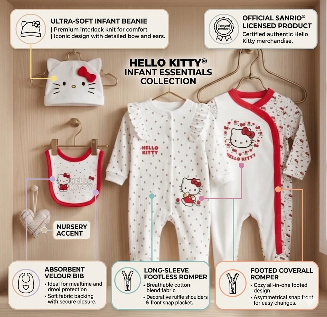 Hello Kitty infant essentials collection with baby onesie, bib, and hat on a wooden background.