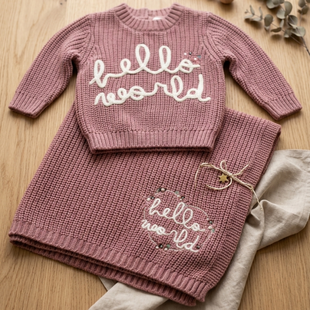 A baby girl's two-piece knit outfit set consisting of a long-sleeve sweater and a matching skirt in dusty rose pink. The sweater features 'hello world' embroidered in white script with tiny colorful star accents, and the skirt has a matching design.