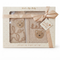 A boxed baby gift set from Rick a Bye Baby Boutique featuring a beige knit sweater and matching blanket with embroidered teddy bear faces and cursive text, presented in a cream gift box with a ribbon and tag.