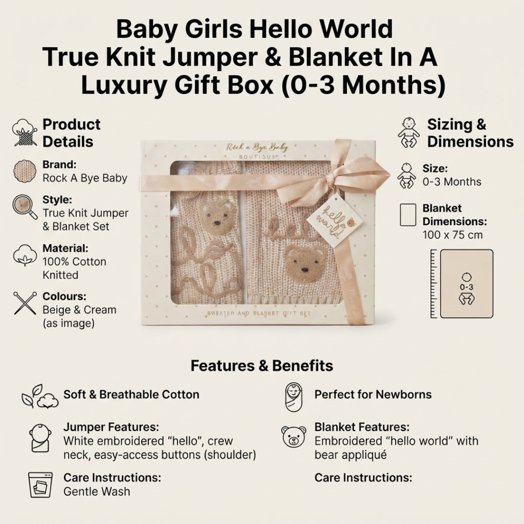 An infographic-style product listing graphic for a baby girl's knit jumper and blanket gift set. The central photo shows a packaged cream knit set with teddy bear appliques and a bow, surrounded by text blocks detailing product details, sizing, dimensions, and features.