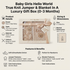An infographic-style product listing graphic for a baby girl's knit jumper and blanket gift set. The central photo shows a packaged cream knit set with teddy bear appliques and a bow, surrounded by text blocks detailing product details, sizing, dimensions, and features.