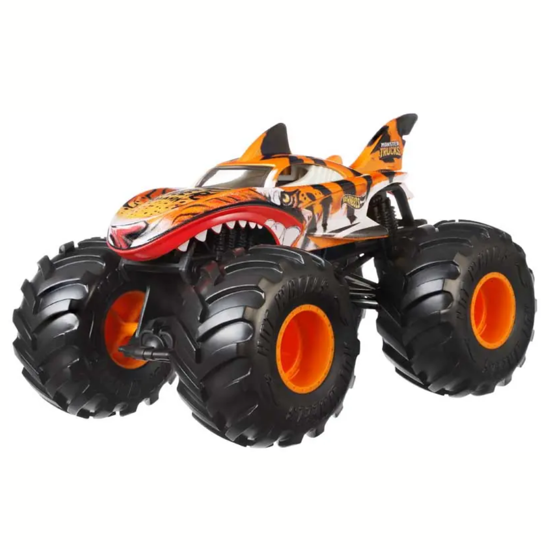 Toy monster truck with tiger and shark design on a white background