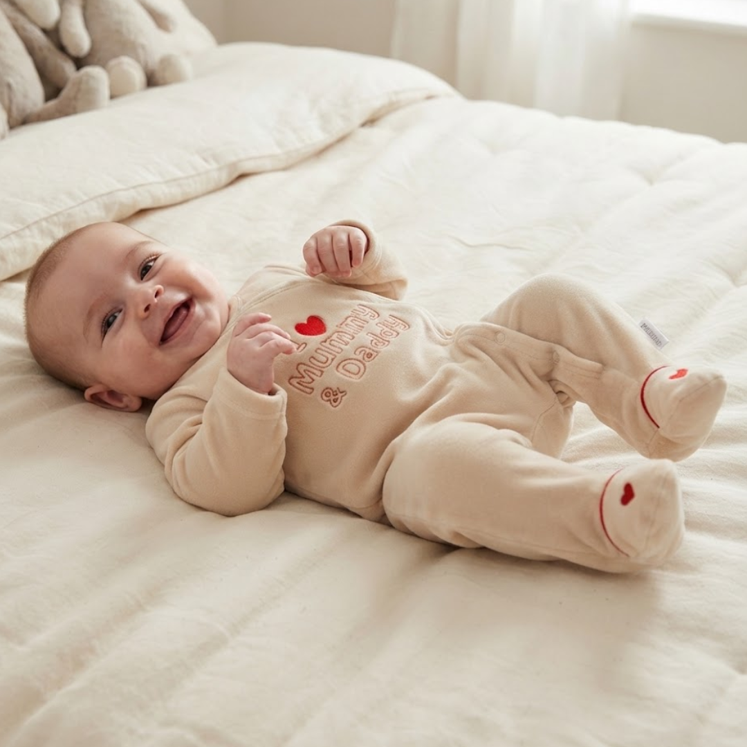 A baby lying on a cream-colored bed, wearing a matching beige footed sleeper with 'Mummy & Daddy' and a small red heart printed on the chest.