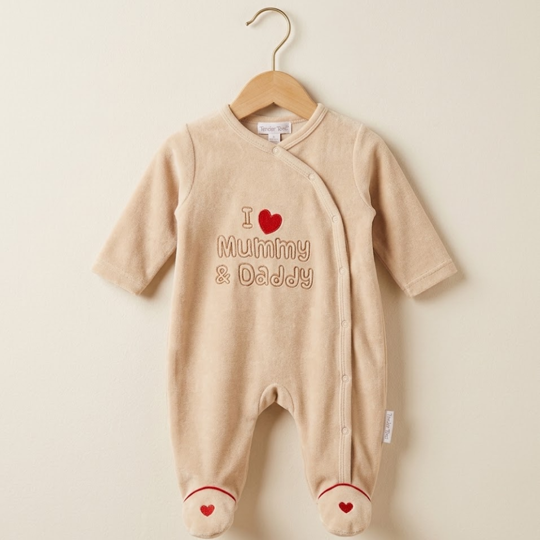 A baby's short-sleeve footed sleeper in a warm beige color, hanging on a wooden hanger against a light beige background. The sleeper features 'I [heart] Mummy & Daddy' embroidered on the chest in brown and red, with small red hearts on the feet.