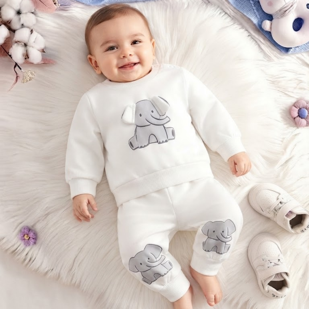 A baby is wearing 2-Piece Elephant Outfit lying on the bed