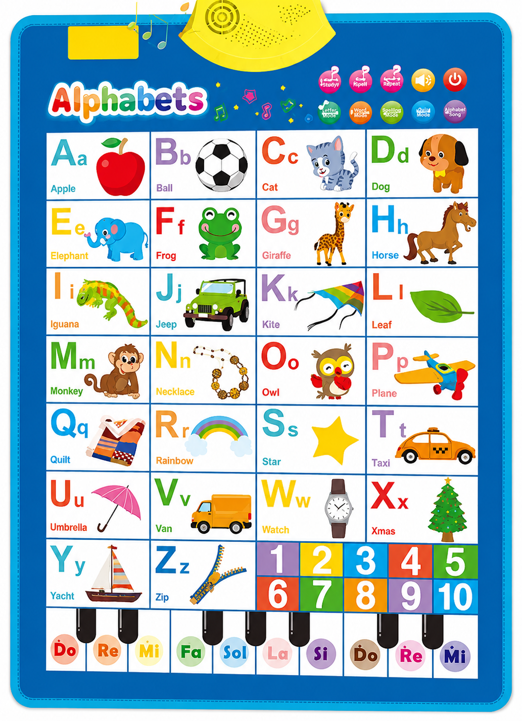 A colorful children's alphabet learning chart with letters A through Z, each paired with a corresponding illustrated object and word. The chart includes a blue border, a yellow sun graphic at the top, colored letter tiles along the top, and piano keys at the bottom with letters and numbers.