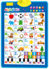 A colorful children's alphabet learning chart with letters A through Z, each paired with a corresponding illustrated object and word. The chart includes a blue border, a yellow sun graphic at the top, colored letter tiles along the top, and piano keys at the bottom with letters and numbers.