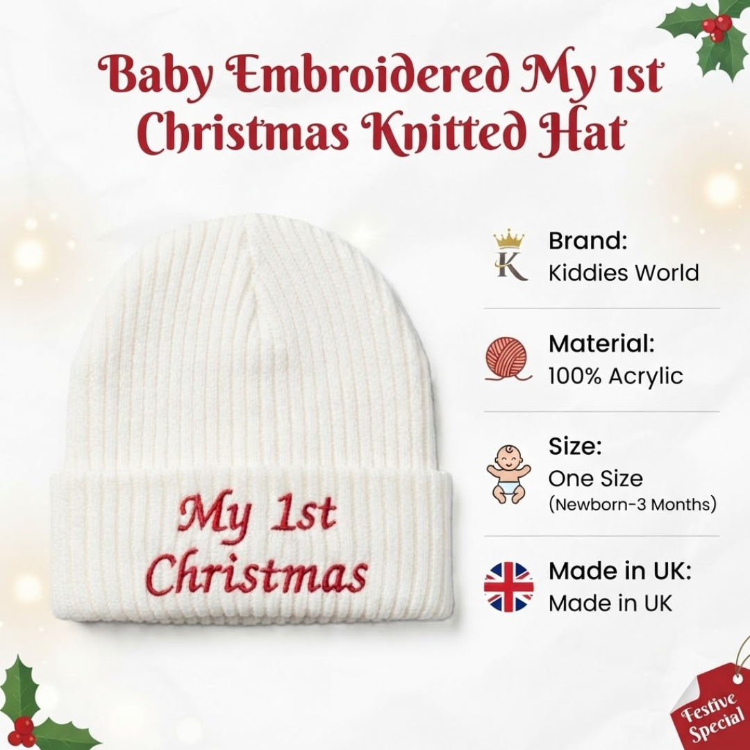 Promotional overview banner for an infant holiday beanie, highlighting brand information, 100% acrylic fabric, newborn sizing, and festive decorations.