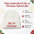 Promotional overview banner for an infant holiday beanie, highlighting brand information, 100% acrylic fabric, newborn sizing, and festive decorations.