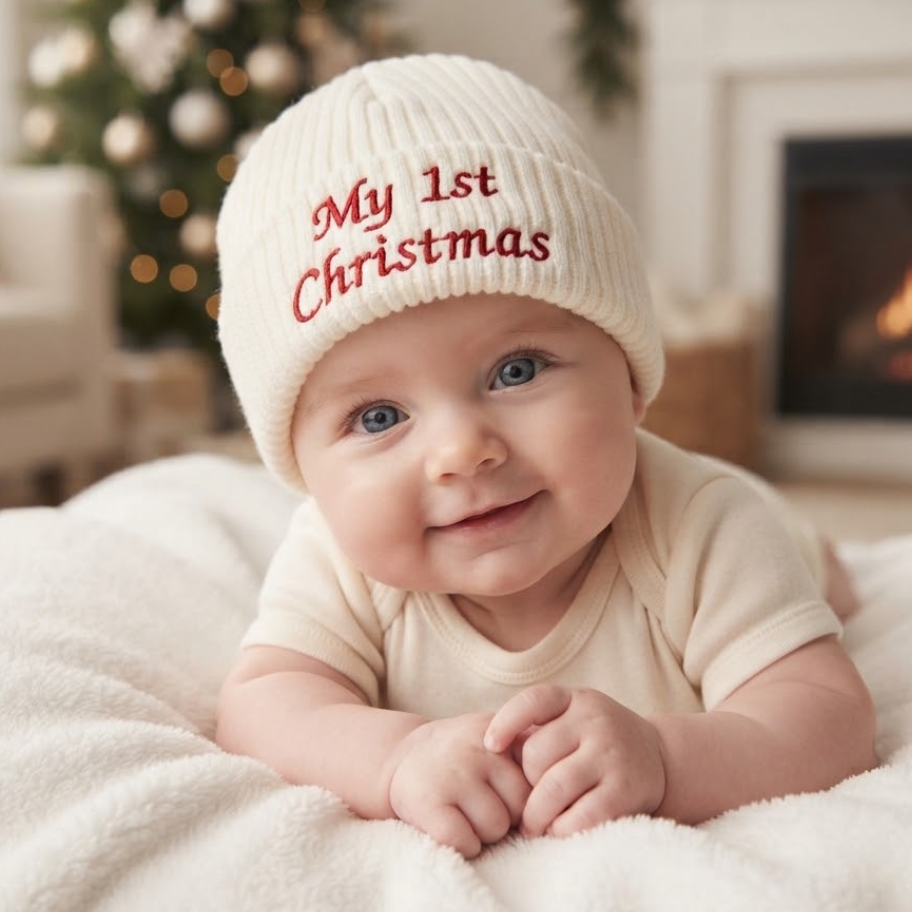 Smiling baby lying on a blanket wearing a white ribbed knit beanie with red "My 1st Christmas" embroidery, with a holiday-decorated room in the background.