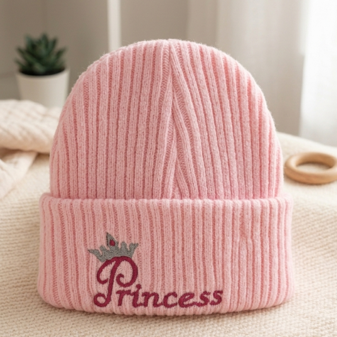 A pink ribbed knit beanie hat with a folded cuff, featuring an embroidered crown and the word 'Princess' in pink script on the front. The hat is displayed on a soft beige fabric surface with a small potted plant and wooden ring in the background.