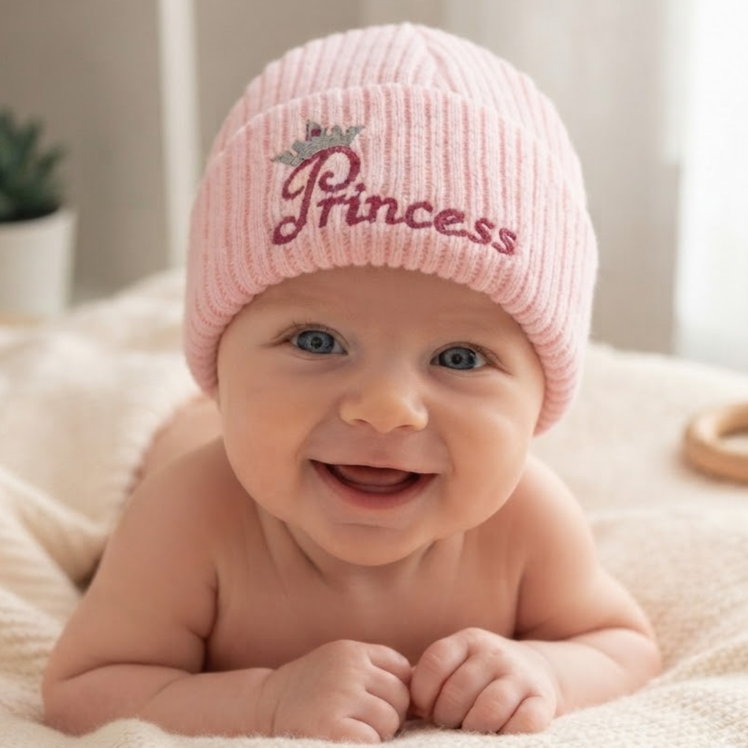 A smiling baby lying on a cream blanket wearing a light pink ribbed knit beanie with 'Princess' embroidered in dark pink script and a small crown detail.