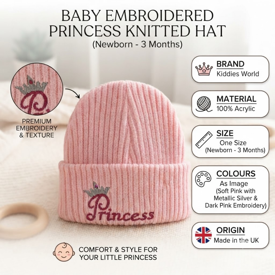 A pink ribbed knit baby hat with 'Princess' and a crown embroidery, presented on a light background with informational text overlays detailing its features and specifications.