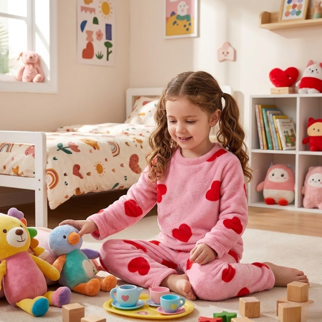 Child in pink heart-patterned pajamas playing with toys in a bedroom.
