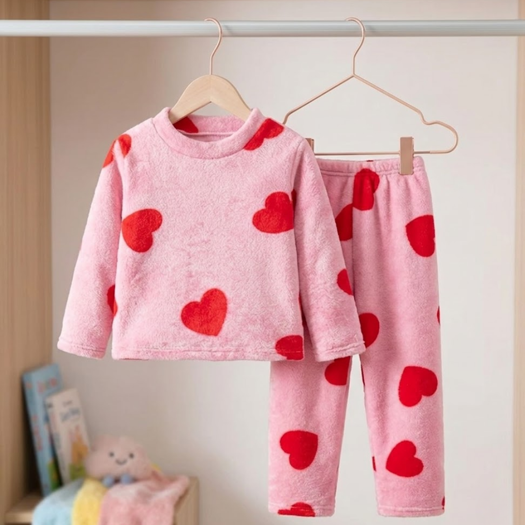 Kids' Coral Velvet Warm Love Print 2-Piece Set