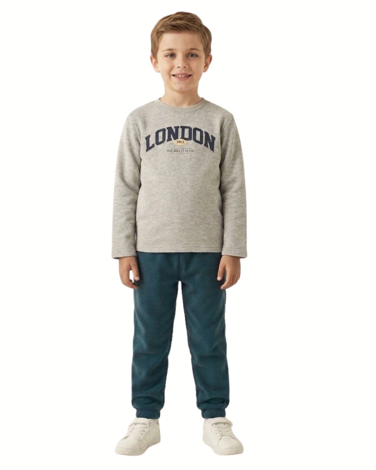 Child wearing a gray sweatshirt with 'London' text and teal pants on a white background