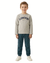 Child wearing a gray sweatshirt with 'London' text and teal pants on a white background