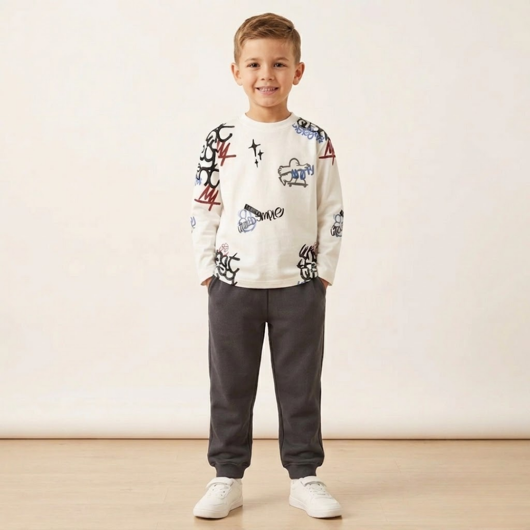 Child wearing a white sweatshirt with colorful graphics and dark pants on a plain background