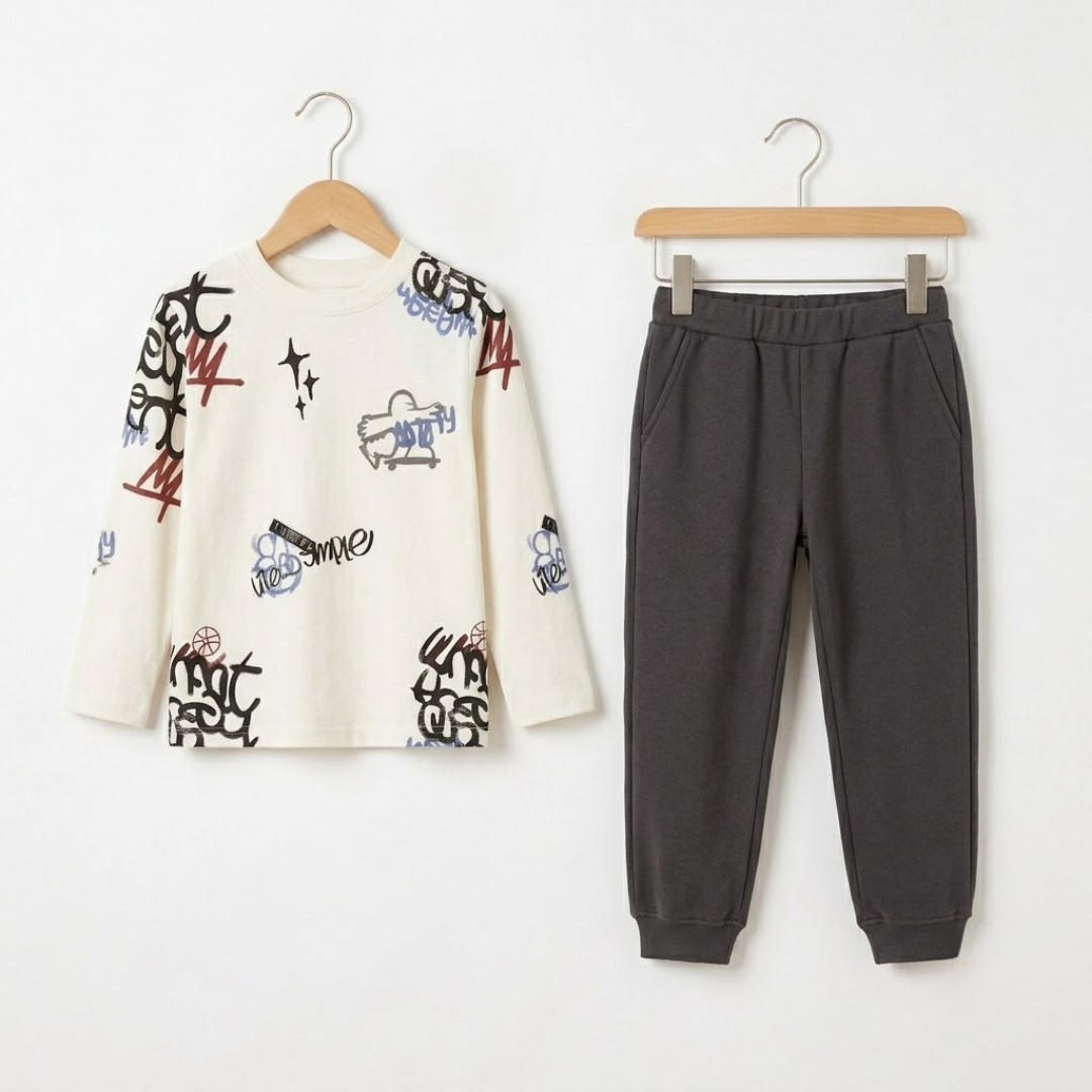 White sweatshirt with colorful graphics and gray sweatpants on hangers against a white background