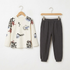 White sweatshirt with colorful graphics and gray sweatpants on hangers against a white background