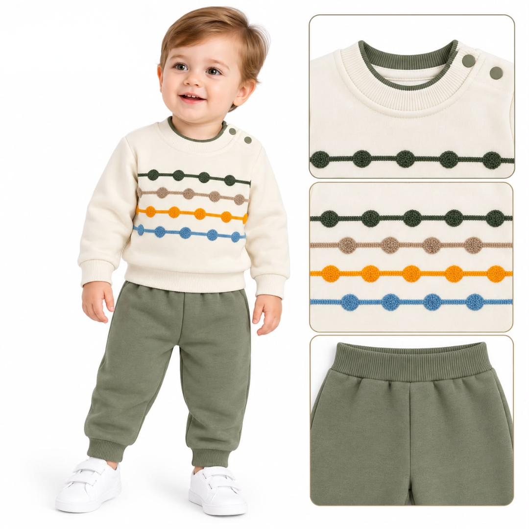 A toddler wearing a cream knit sweater with horizontal stripes of dark green, taupe, orange, and blue, paired with olive green jogger pants and white sneakers. Three inset detail panels on the right show the sweater neckline, the striped pattern, and the jogger waistband.