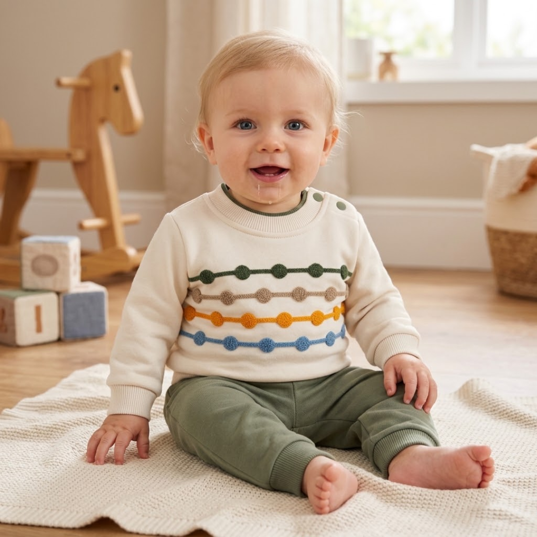 A baby sitting on a cream knit blanket in a bright room, wearing an off-white long-sleeve sweater with colorful horizontal dotted stripes and olive green pants.