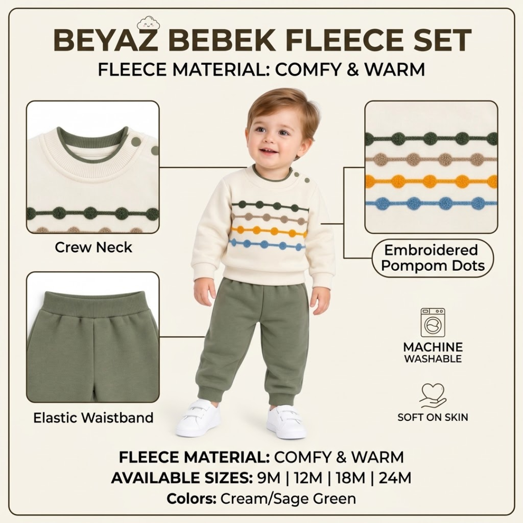 A toddler modeling a cream fleece sweater and sage green fleece pants set, shown on a beige background with feature callouts including crew neck, elastic waistband, pom pom dots embroidery, and machine washable soft fleece material.
