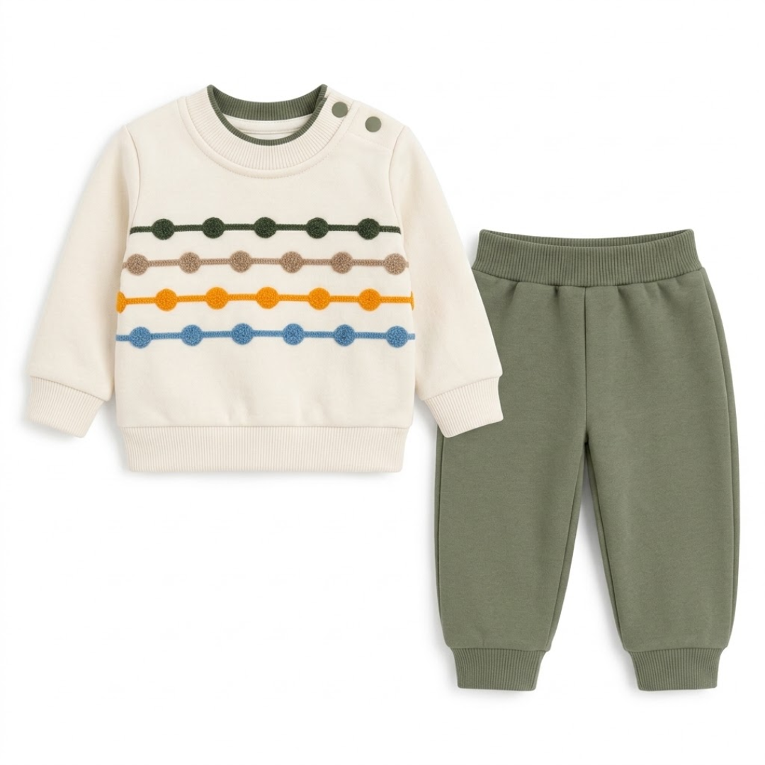 A two-piece baby clothing set featuring an off-white long-sleeve sweater with colorful horizontal dotted lines and olive green jogger pants, displayed on a clean white background.