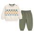 A two-piece baby clothing set featuring an off-white long-sleeve sweater with colorful horizontal dotted lines and olive green jogger pants, displayed on a clean white background.