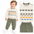 A toddler wearing a cream knit sweater with horizontal stripes of dark green, taupe, orange, and blue, paired with olive green jogger pants and white sneakers. Three inset detail panels on the right show the sweater neckline, the striped pattern, and the jogger waistband.