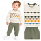 A toddler wearing a cream knit sweater with horizontal stripes of dark green, taupe, orange, and blue, paired with olive green jogger pants and white sneakers. Three inset detail panels on the right show the sweater neckline, the striped pattern, and the jogger waistband.