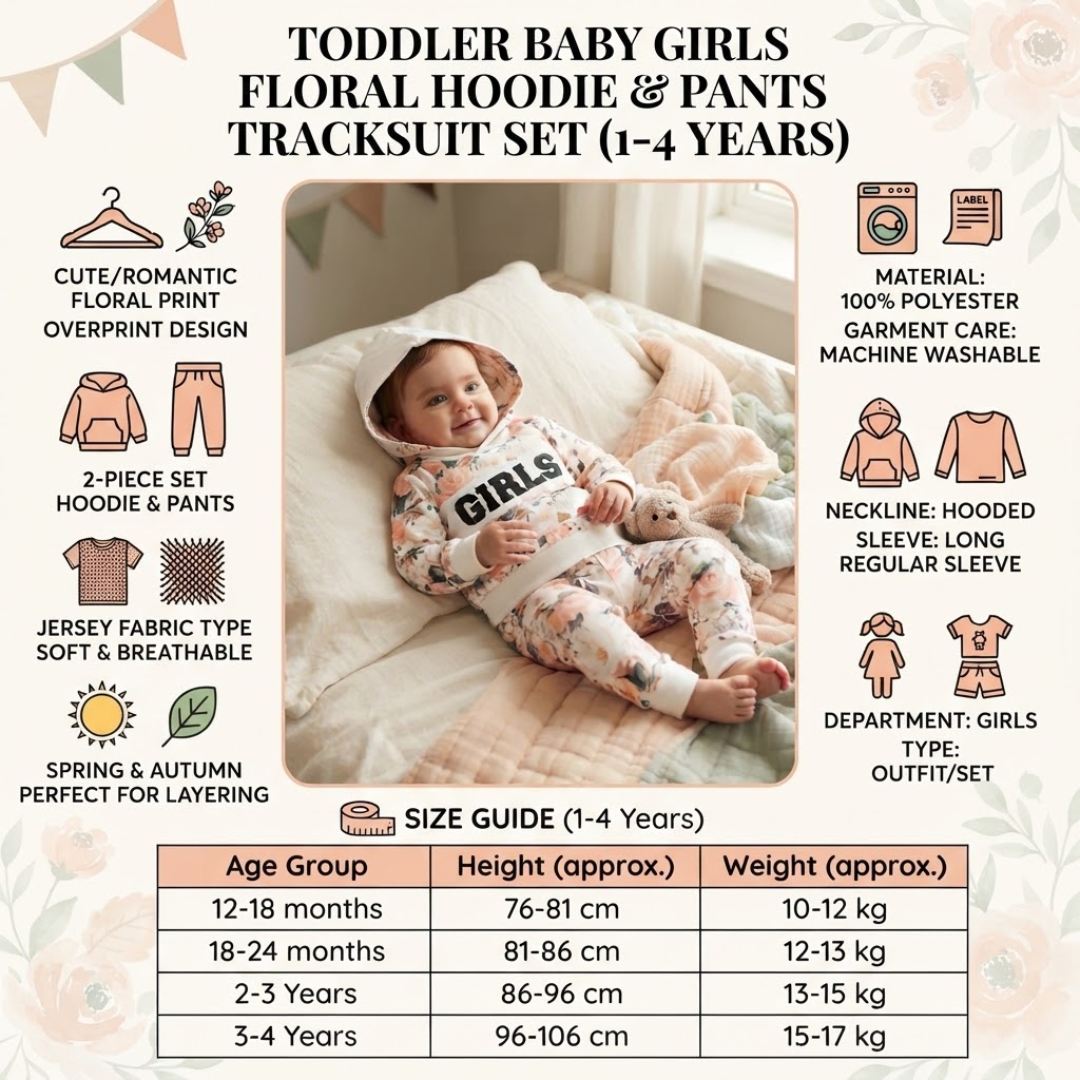 A promotional infographic for a toddler baby girl's floral hoodie and pants tracksuit set. The center features a baby girl lying on a white blanket wearing the set, with text reading 'TODDLER BABY GIRLS FLORAL HOODIE & PANTS TRACKSUIT SET (1-4 Years)'.
