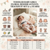 A promotional infographic for a toddler baby girl's floral hoodie and pants tracksuit set. The center features a baby girl lying on a white blanket wearing the set, with text reading 'TODDLER BABY GIRLS FLORAL HOODIE & PANTS TRACKSUIT SET (1-4 Years)'.
